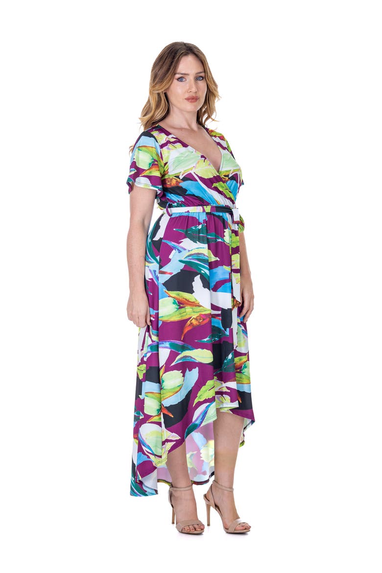 Colorful Floral V-Neck Belted High Low Faux Wrap Dress, Alternate, color, Purple Multi