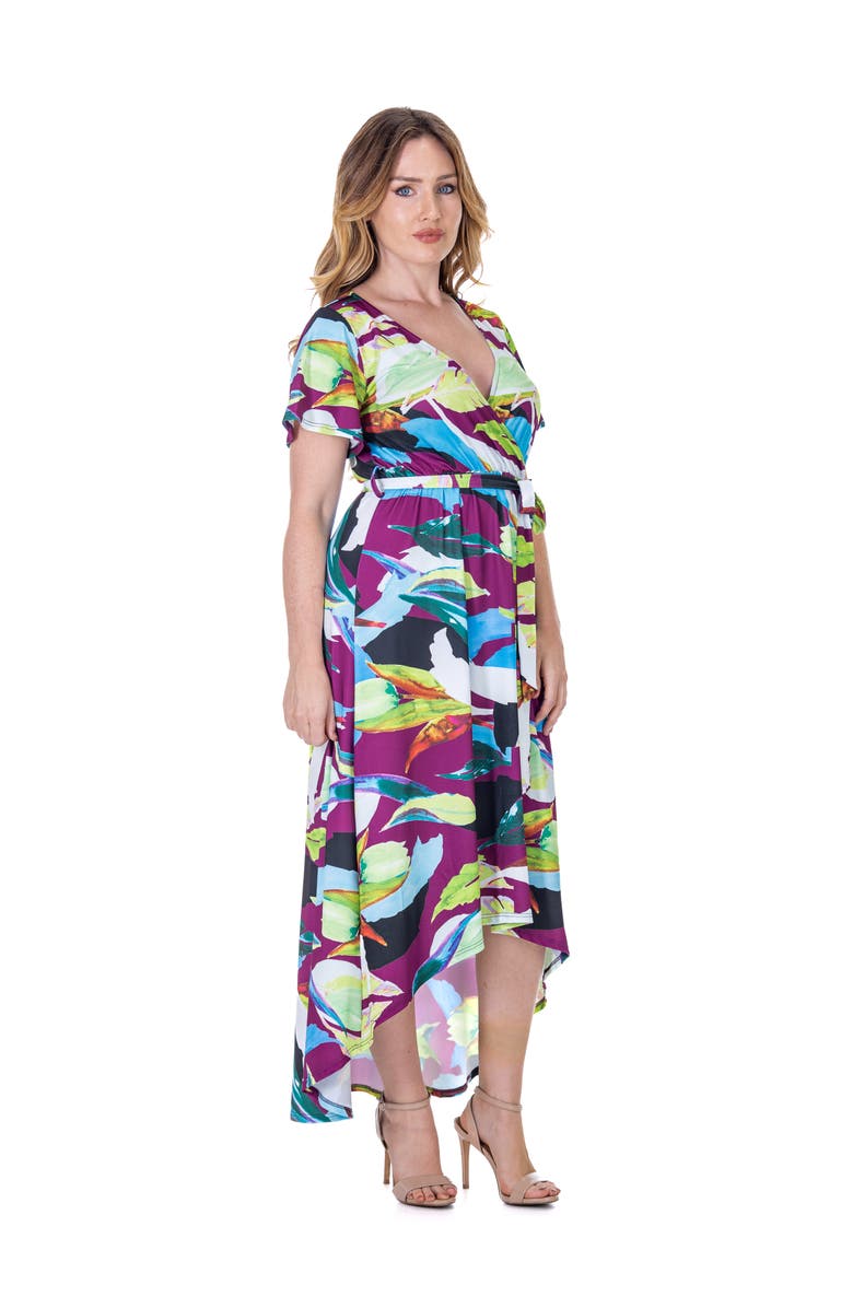 24seven Comfort Apparel Colorful Floral V-Neck Belted High Low Faux Wrap Dress, Alternate, color, Purple Multi