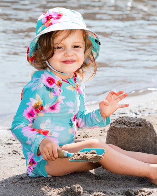 Deux Par Deux Baby Girl's Printed One-piece Rashguard With Frills Turquoise And Pink Flowers In Turquoise And Pink Flowers