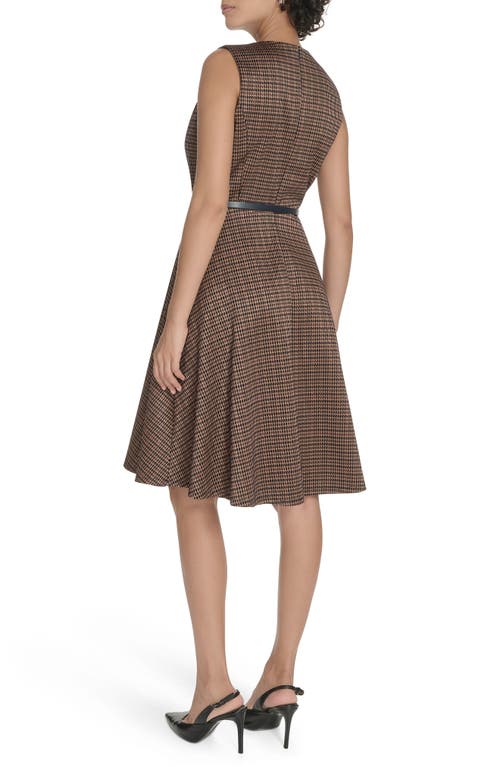 Tommy Hilfiger Houndstooth Sleeveless Belted Fit & Flare Dress In Brown