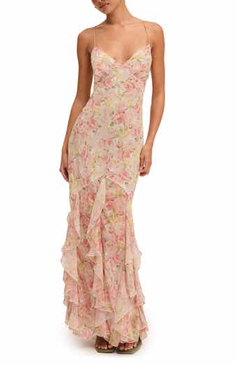 For Love & Lemons Elea Floral Ruffle Open Back Maxi Cocktail Dress