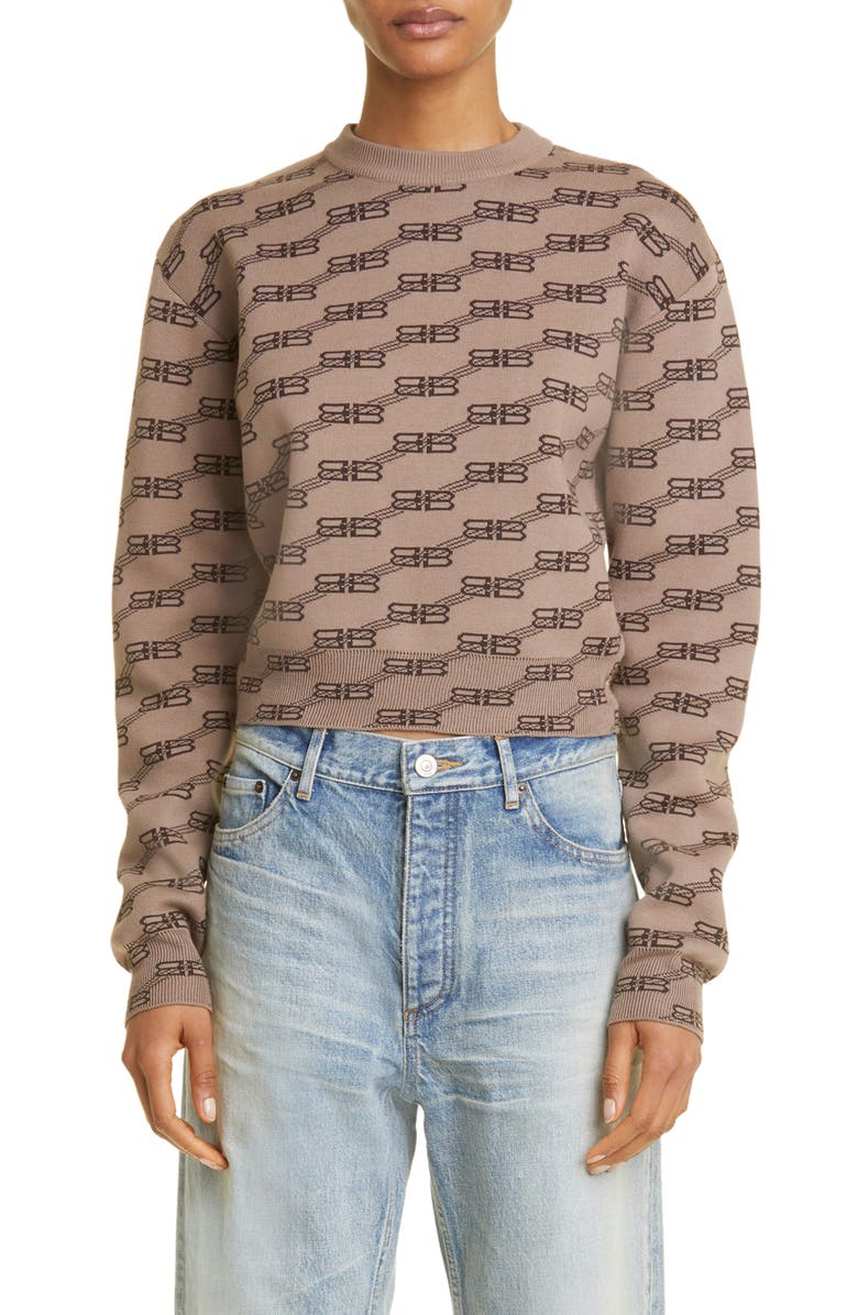 Balenciaga BB Monogram License Logo Jacquard Cotton & Wool Blend Sweater, Main, color,