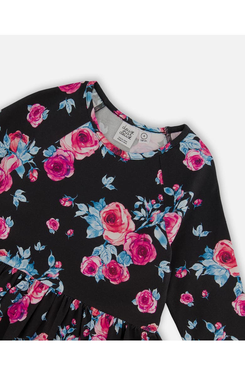 Deux par Deux Little Girl's Printed Roses Dress With Pockets Black, Alternate, color, 