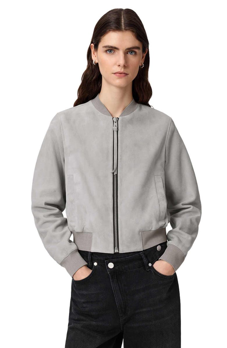 AllSaints Orten Suede Bomber Jacket, Alternate, color, Light Grey