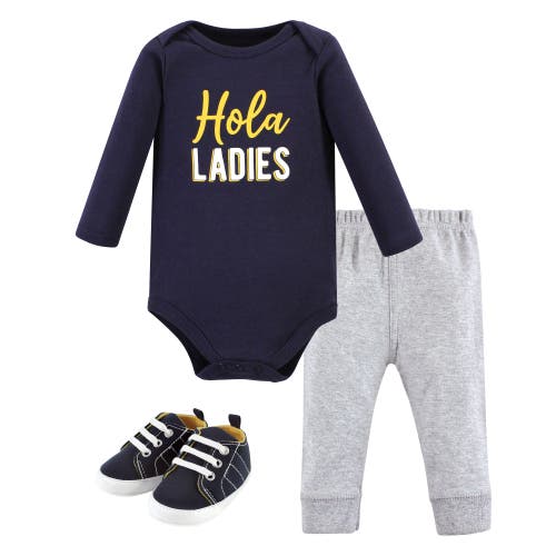 Hudson Baby Three-piece Long-sleeve Bodysuit Outfit With Pants And Footwear In Burgundy