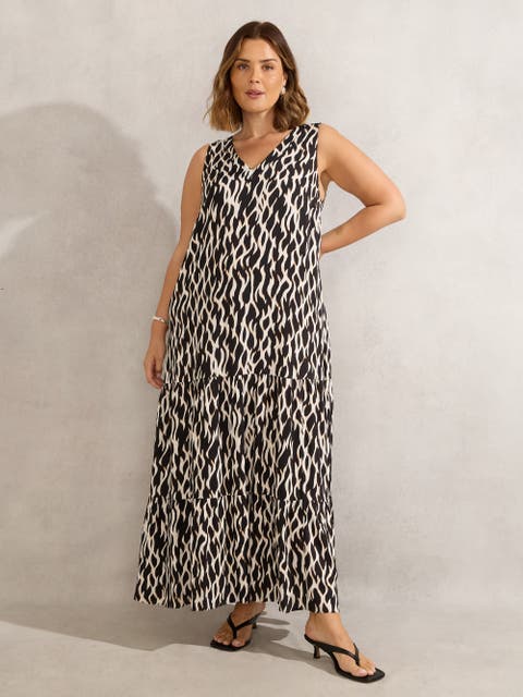 Mono Print V-Neck Maxi Dress