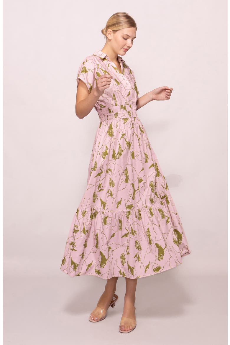 Short Sleeve Poplin Tiered Midi Dress, Alternate, color, LIGHT PINK OLIVE PRINT