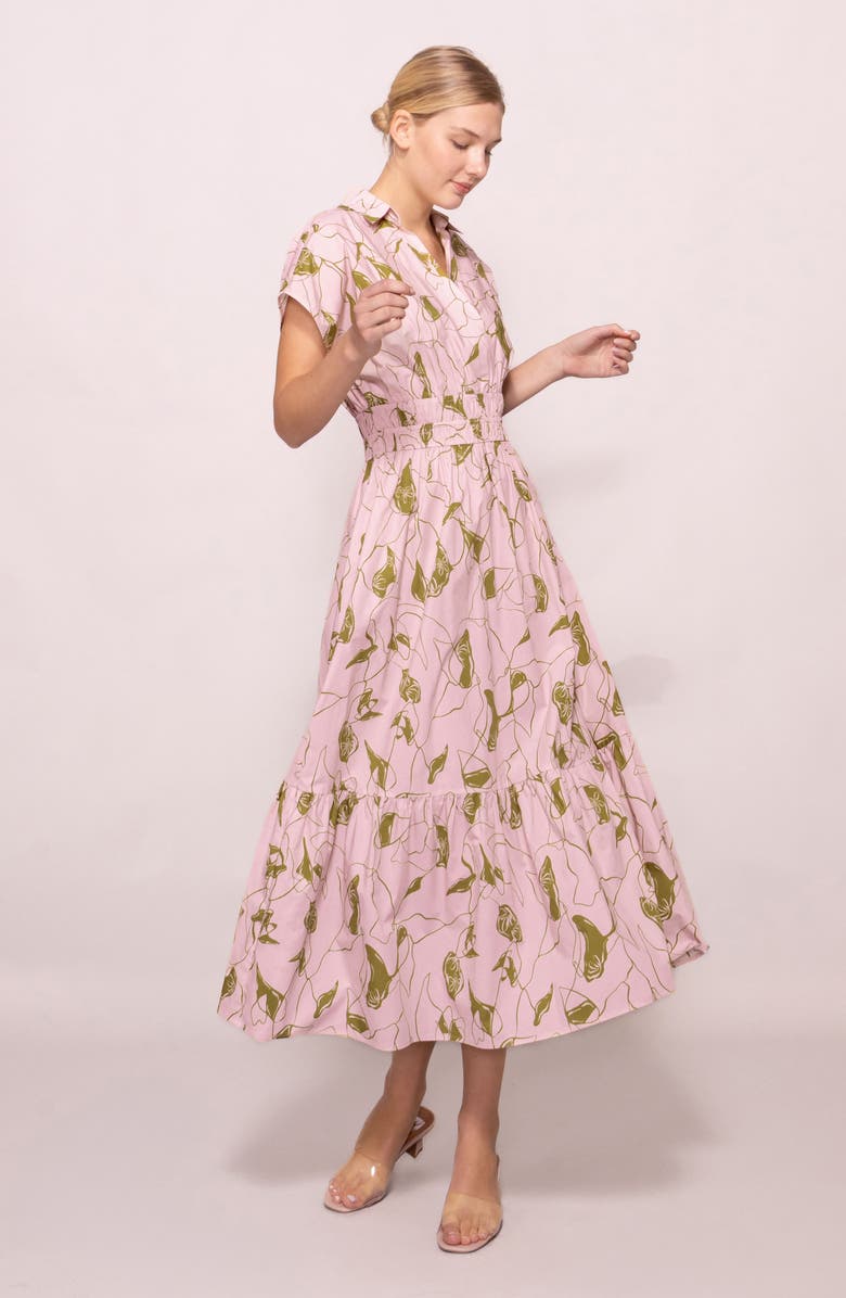 MELLODAY Short Sleeve Poplin Tiered Midi Dress, Alternate, color, Light Pink Olive Print