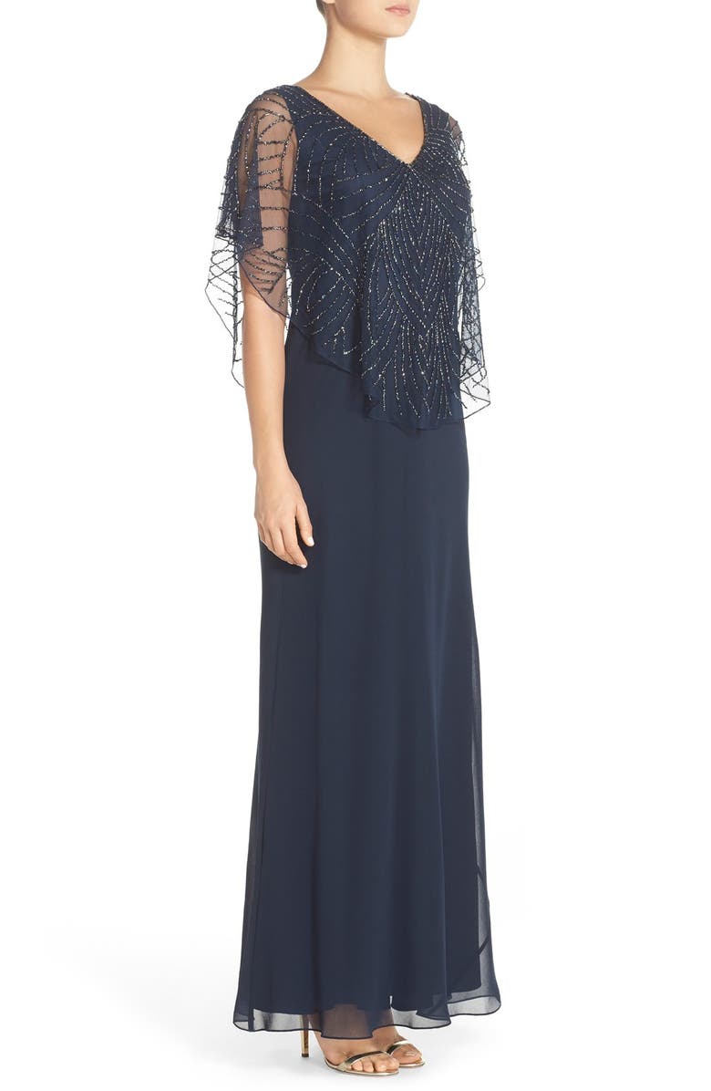 J Kara Embellished Cape Overlay Chiffon Gown, Alternate, color, 
