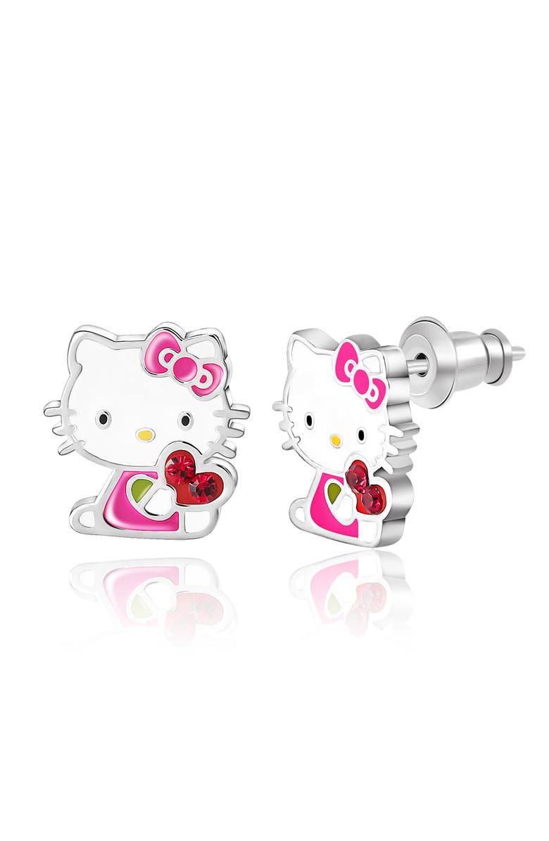 Hello Kitty Silver Plated Crystal Enamel Heart Stud Earrings, Main, color, White, Pink