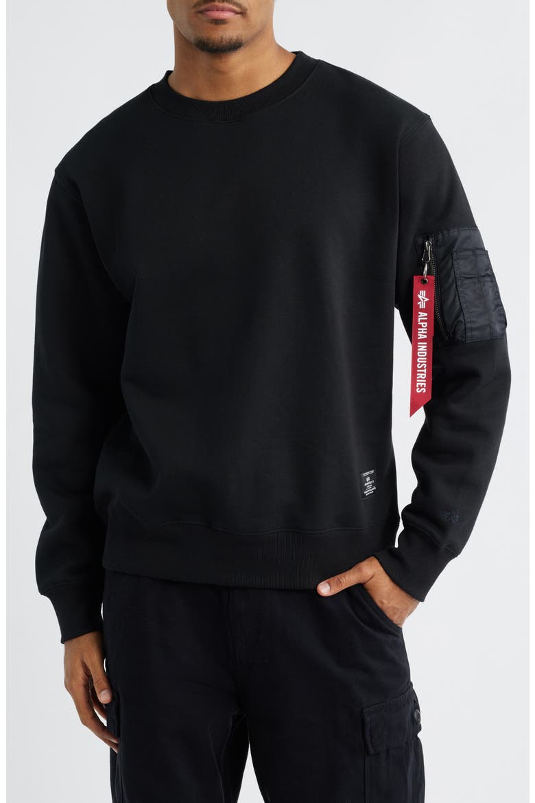Utility Pocket Cotton Fleece Crewneck Sweatshirt, Main, color, BLACK