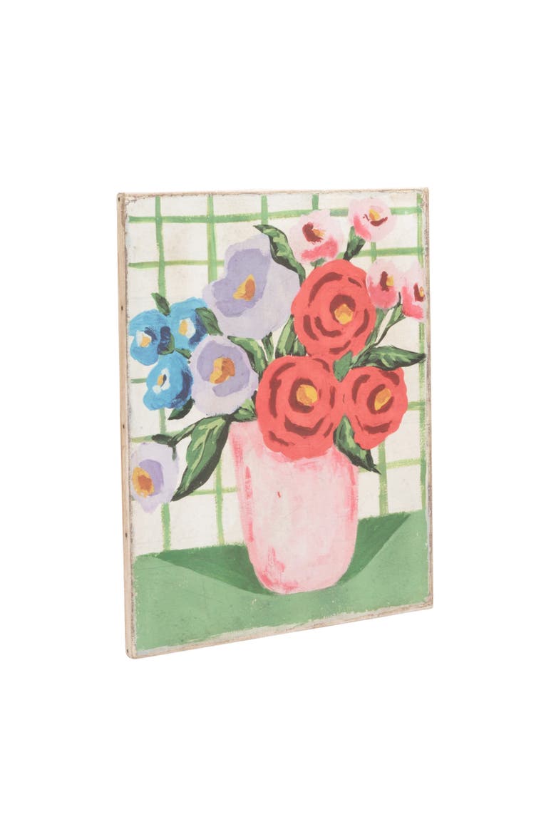 Wall Décor with Flowers in Vase and Grid Background, Main, color, Pink