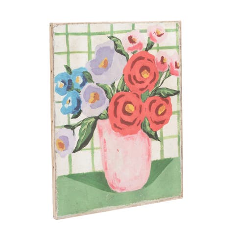 Wall Décor with Flowers in Vase and Grid Background