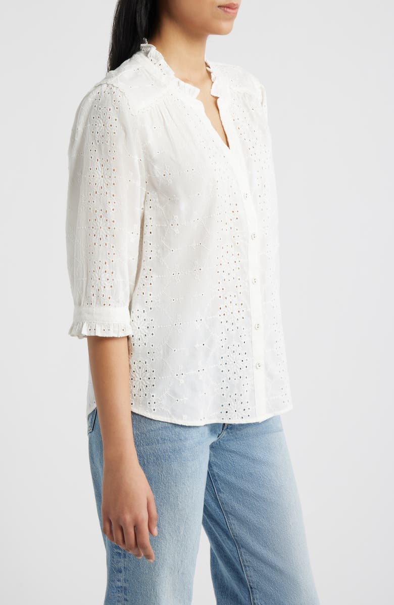 Wit & Wisdom Ruffle Collar Eyelet Button-Up Shirt, Alternate, color, Off White