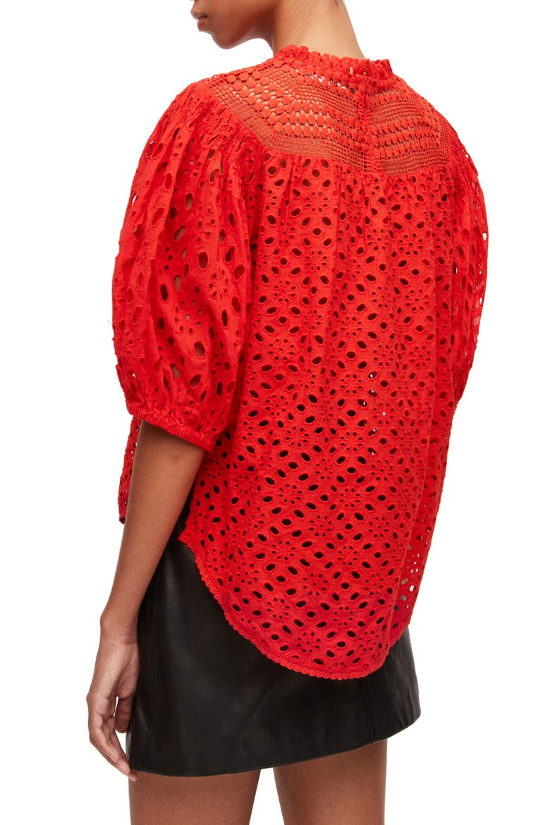 Tila Puff Sleeve Cotton Eyelet Top, Alternate, color, RED