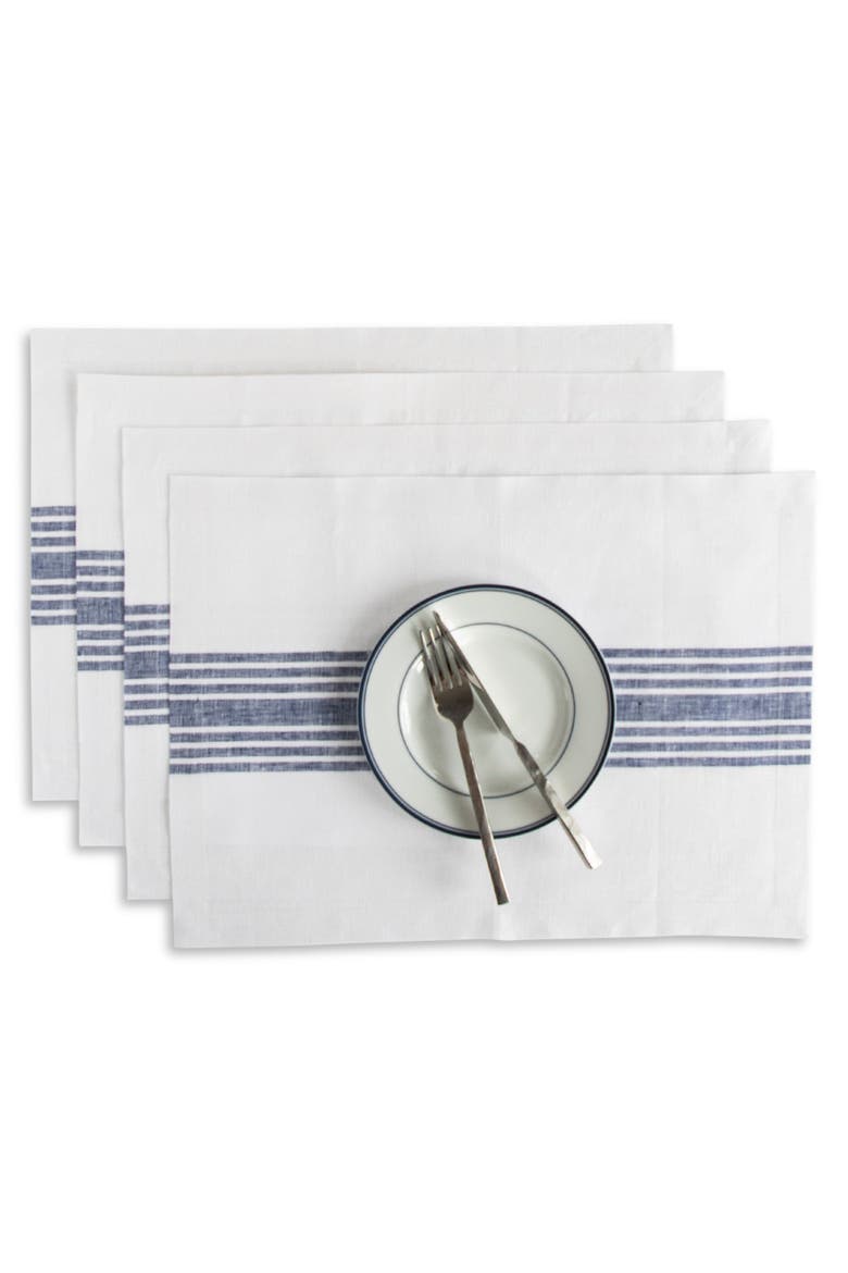 Linen Placemats Set of 4, 14 x 19" - Farmhouse, Main, color, Navy and White