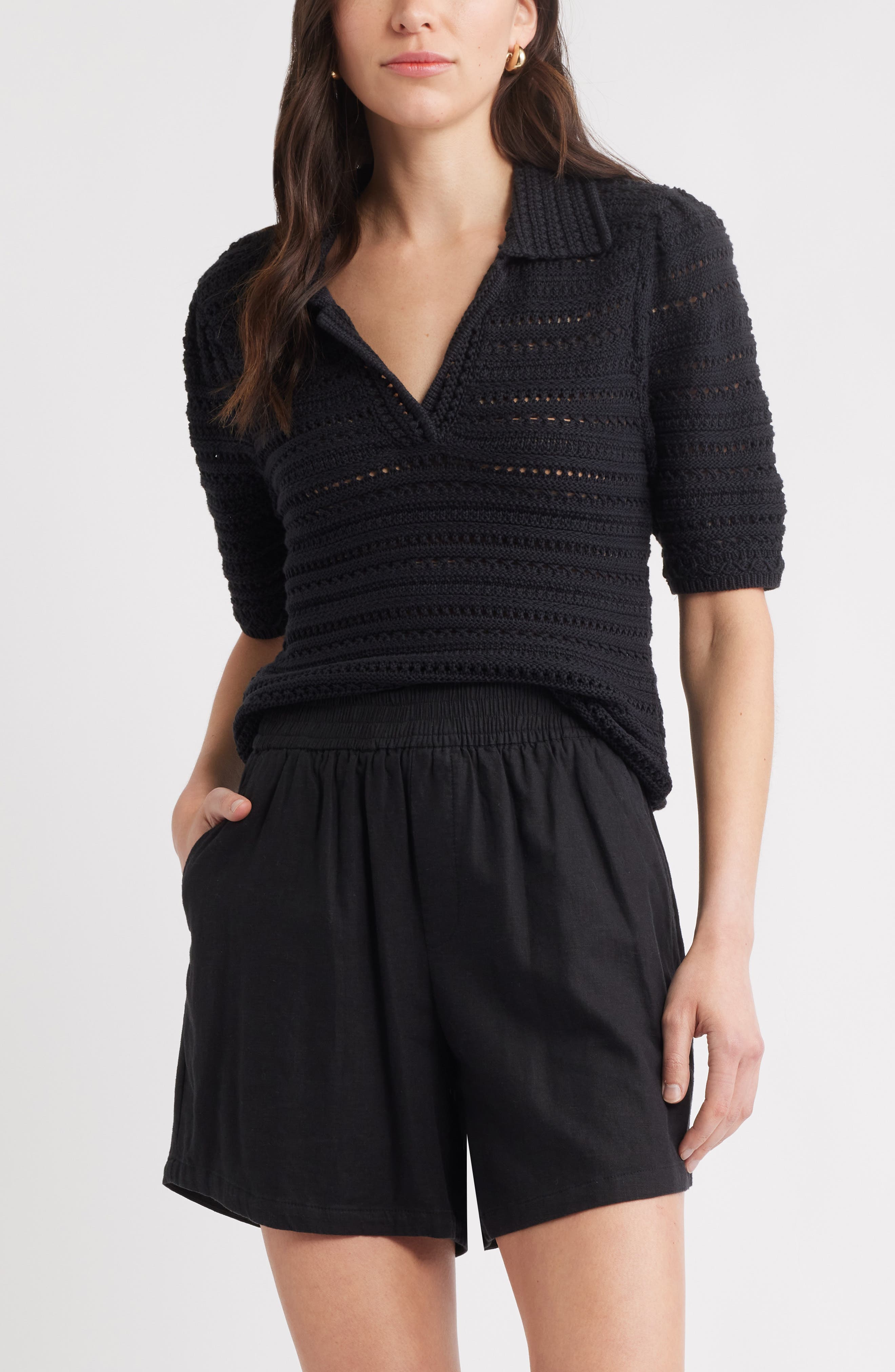 Caslon® Mixed Stitch Polo Sweater