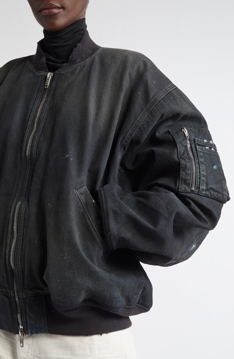 Balenciaga Oversize Distressed Denim Bomber Jacket, Alternate, color, 2430 Croc