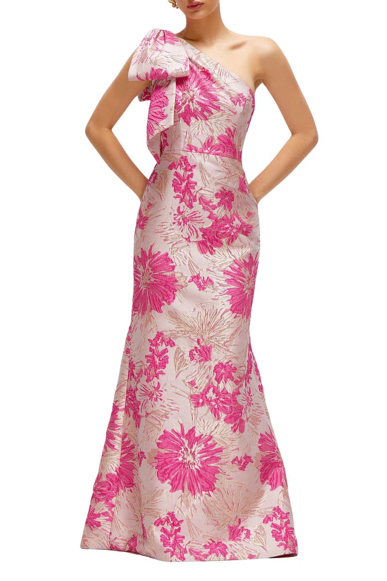 One-Shoulder Metallic Floral Jacquard Trumpet Gown, Main, color, PINK MULTI