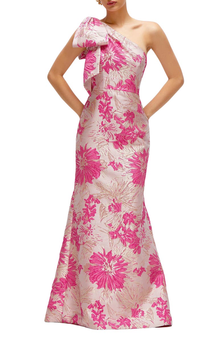 Alfred Sung One-Shoulder Metallic Floral Jacquard Trumpet Gown, Main, color, Pink Multi
