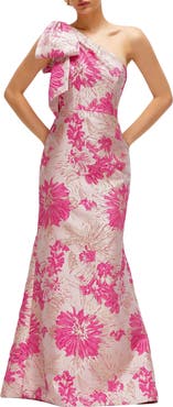 Alfred Sung One-Shoulder Metallic Floral Jacquard Trumpet Gown