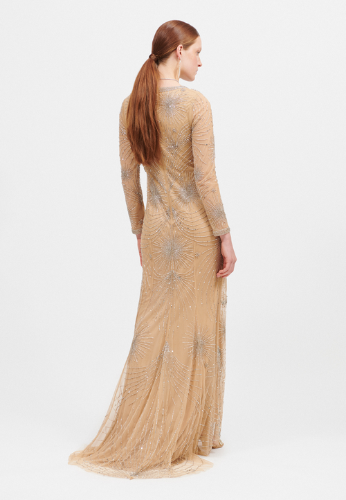 Beauut Embellished Sequin Beaded Maxi Dress With V-neck In Brown