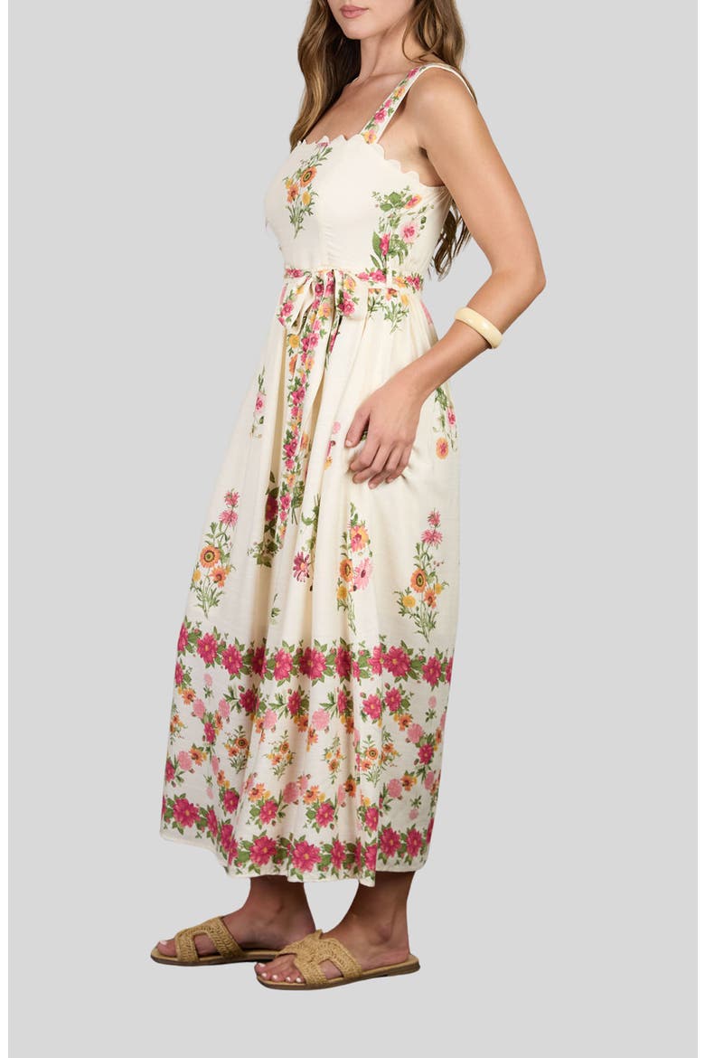 Belted Floral Scallop Edge Midi Dress, Alternate, color, LIGHT KHAKI MULTI
