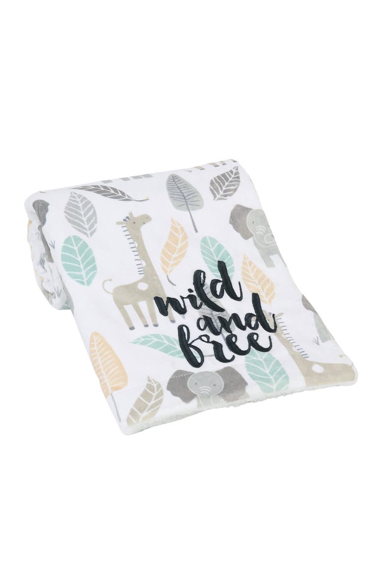Lambs & Ivy Jungle Friends Elephant/Giraffe Safari Soft Fleece Baby Blanket, Alternate, color, Green