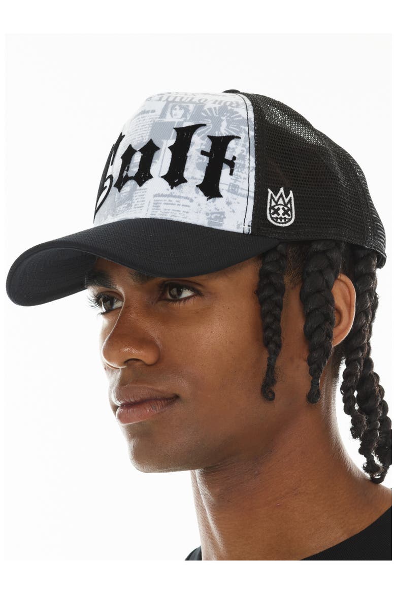 Propaganda Newsprint Logo Trucker Hat, Alternate, color, WHITE