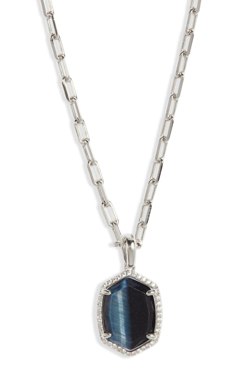 Kendra Scott Daphne Pavé Frame Pendant Necklace, Main, color, Rhodium Navy Tigers Eye