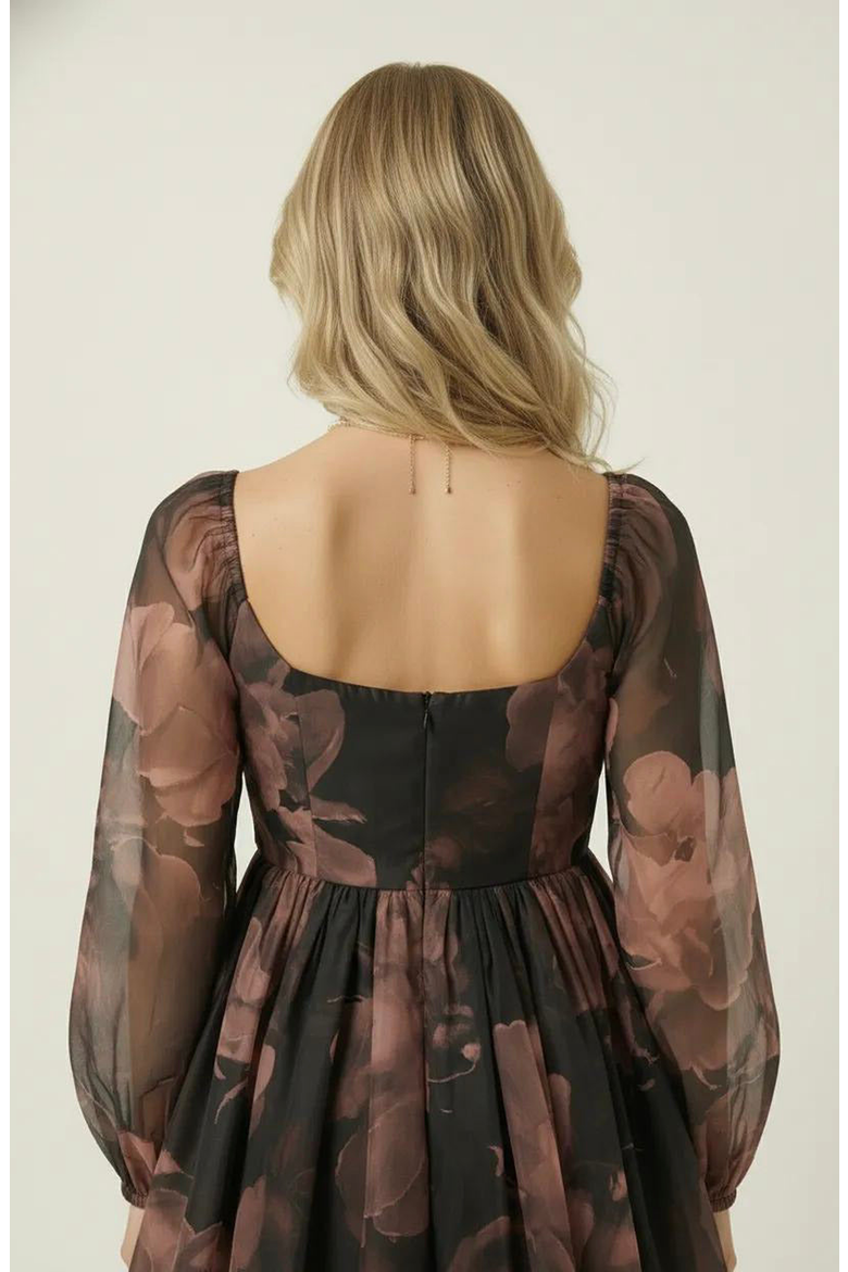 Floral Organza Bubble-Sleeve Tulle-Layered Mini Dress, Alternate, color, Floral Organza