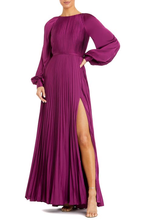 Women's Pleated High Neck Raglan Long Sleeve Side Slit Gown