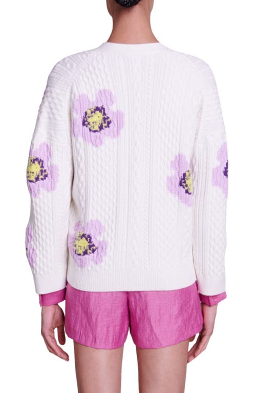 Maje Floral-intarsia Cable-knit Cardigan In Sand