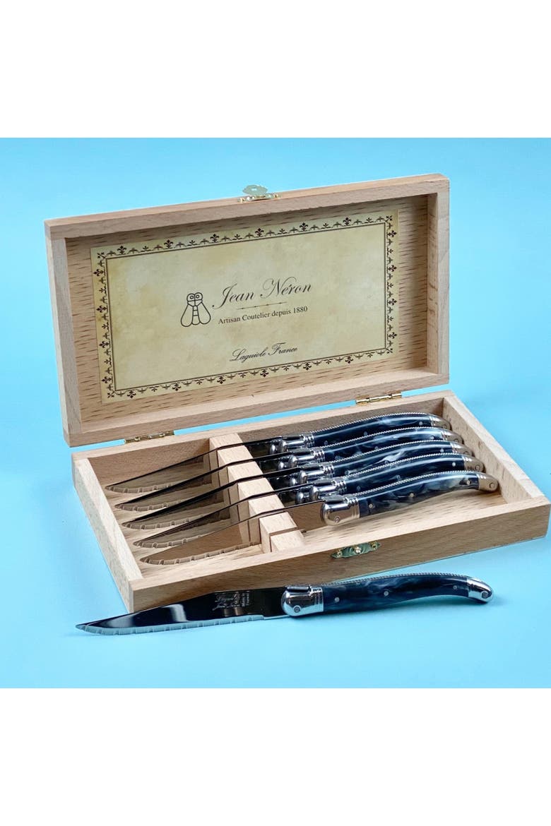 6 Piece Steak Knife Set, Platine Marble in Wood Presentation Box, Alternate, color, Black