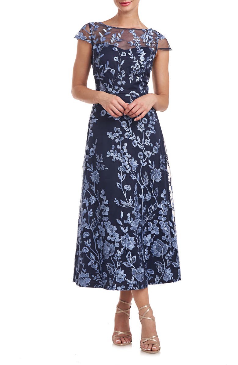 JS Collections Meredith Floral Embroidery A-Line Dress, Main, color, Navy / Sky