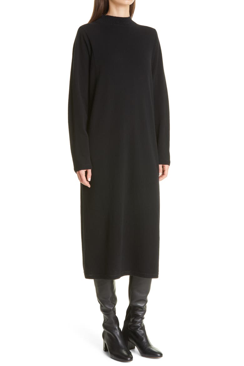 Sparkle Long Sleeve Wool & Cashmere Midi Dress, Alternate, color, BLACK
