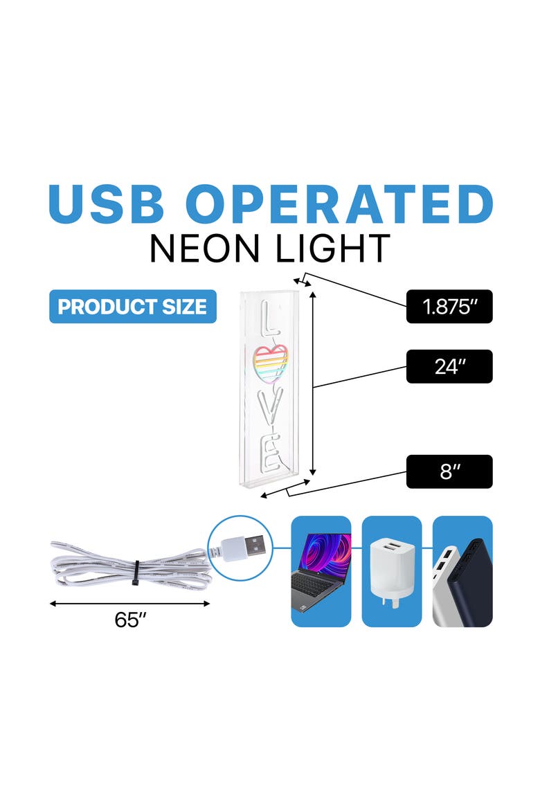 LOVE 8" X 24" Contemporary Glam Acrylic Box USB Operated LED Neon Light, White/Rainbow, Alternate, color, White/Rainbow