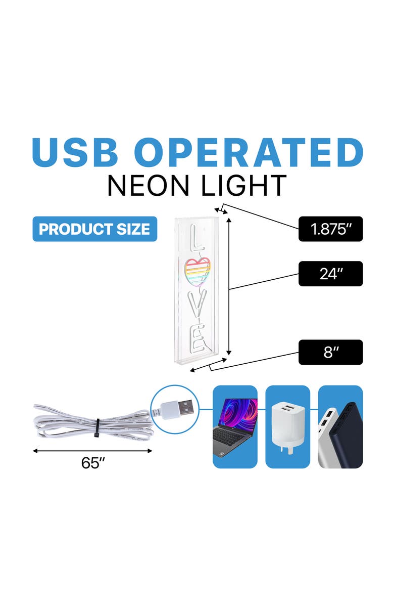 JONATHAN Y LOVE 8" X 24" Contemporary Glam Acrylic Box USB Operated LED Neon Light, White/Rainbow, Alternate, color, White/Rainbow