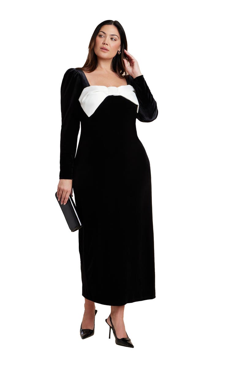 ELOQUII Velvet Maxi Dress With Bow, Alternate, color, Black Onyx