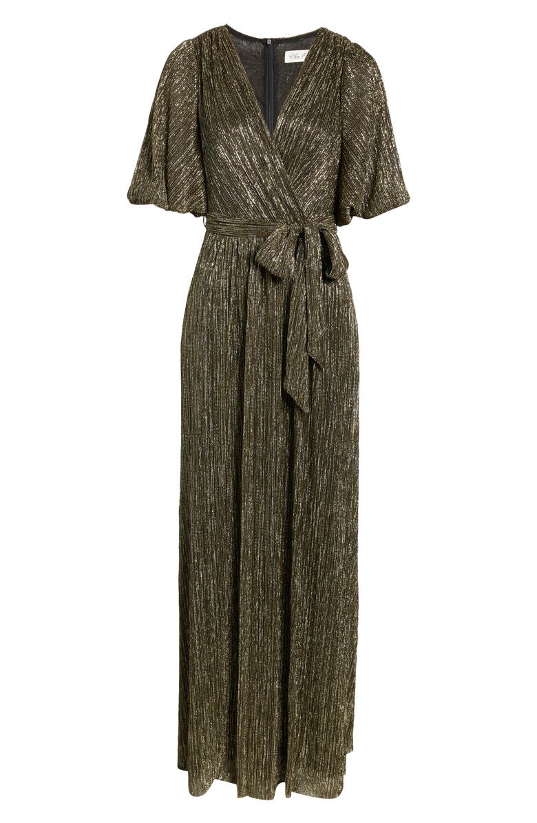 Eliza J Metallic Puff Sleeve Faux Wrap Maxi Dress | Nordstrom