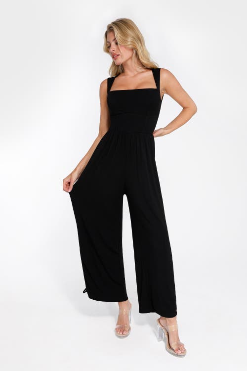 Popilush Shapewear Square Neck Tummy Control Wide Leg Jumpsuit In Midnight Black