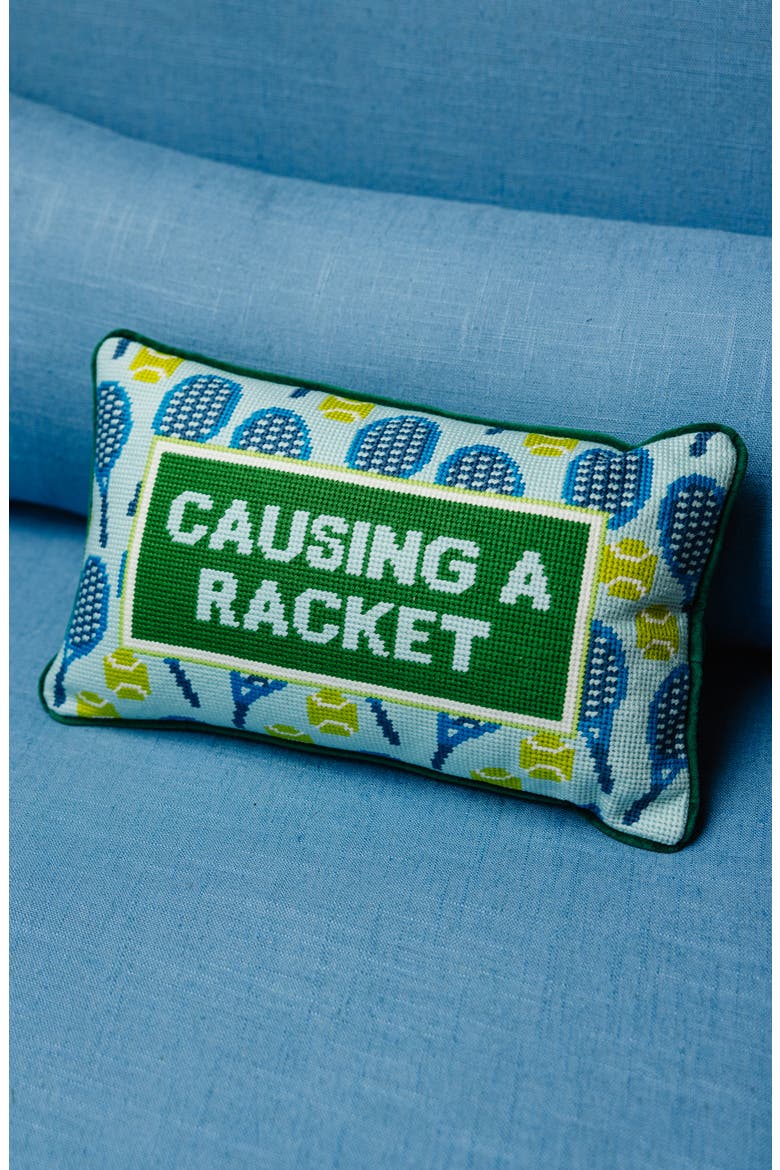 Causing A Racket Needlepoint Pillow, Alternate, color, Causing A Racket