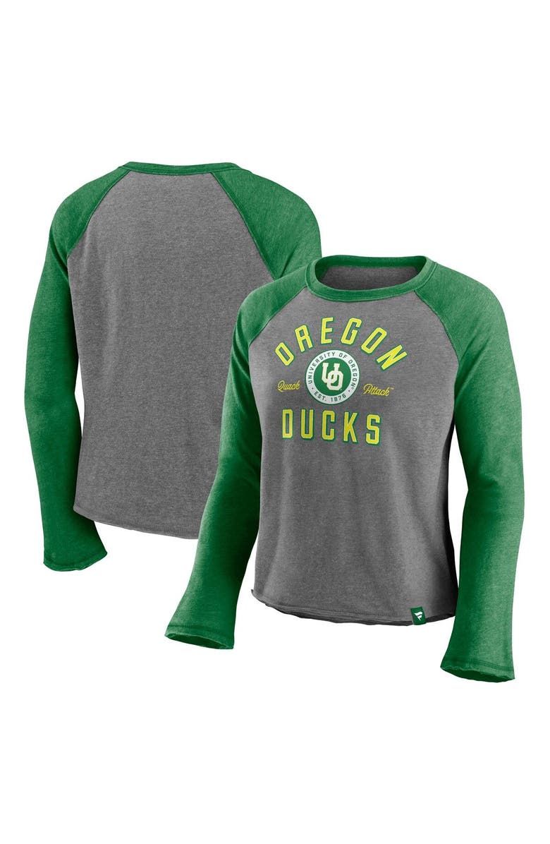 FANATICS Women's Majestic Heathered Gray/Heathered Green Oregon Ducks Competitive Edge Cropped Raglan Long Sleeve T-Shirt, Main, color, 