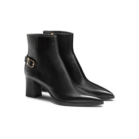 Women's Leather Mid-Heel Ankle Boot with Decorative Buckle