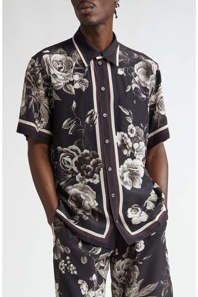 Floral Short Sleeve Silk Button-Up Shirt, Main, color, HN5DY FIORI GRIGI FDO NERO