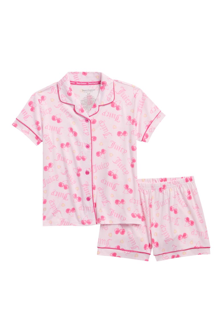 Kids' Logo Print Two-Piece Satin Short Pajamas, Main, color, PINK CHERRIES
