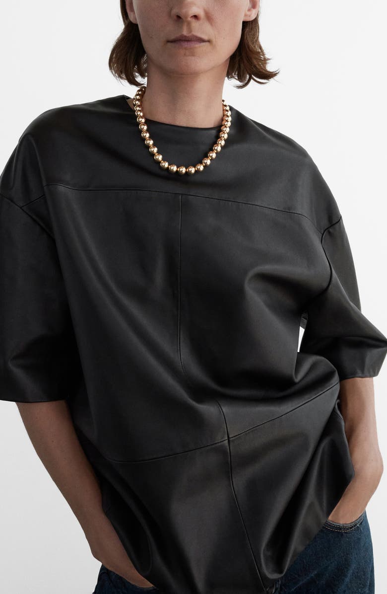 MANGO Selection Oversize Leather T-Shirt, Main, color, Black