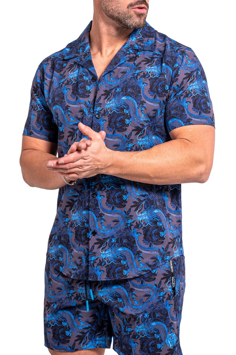 Beachdragon Blue Short Sleeve Cotton Button-Up Shirt, Alternate, color, BLUE