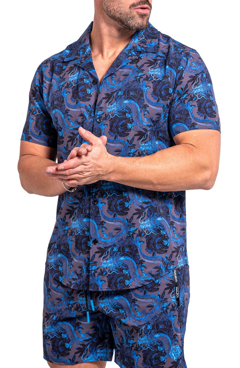 Maceoo Beachdragon Blue Short Sleeve Cotton Button-Up Shirt, Alternate, color, Blue