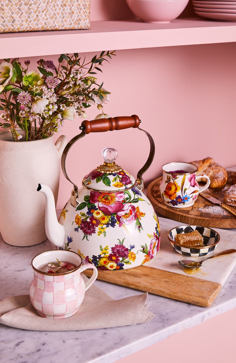 MACKENZIE CHILDS Flower Market Set of 4 Enameled Steel Mugs, Alternate, color, White Multi